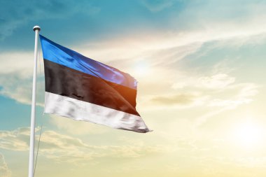 Estonia waving flag in beautiful sky with sun