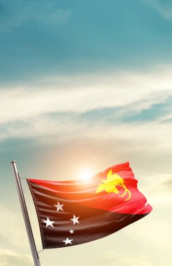 Papua New Guinea waving flag in beautiful sky with sun