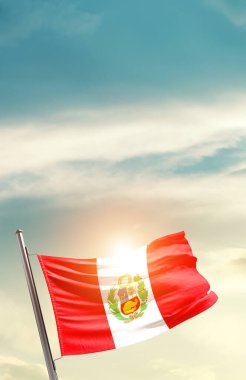 Peru waving flag in beautiful sky with sun