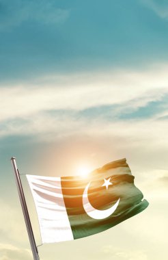 Pakistan waving flag in beautiful sky with sun