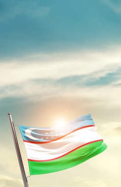 Uzbekistan waving flag in beautiful sky with sun