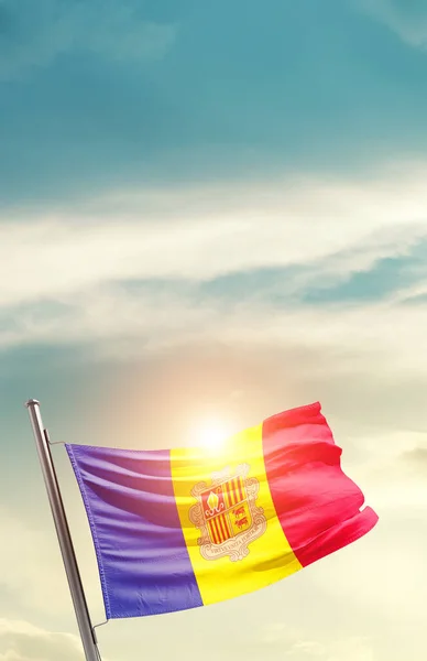 Andorra Waving Flag Beautiful Sky Sun —  Fotos de Stock
