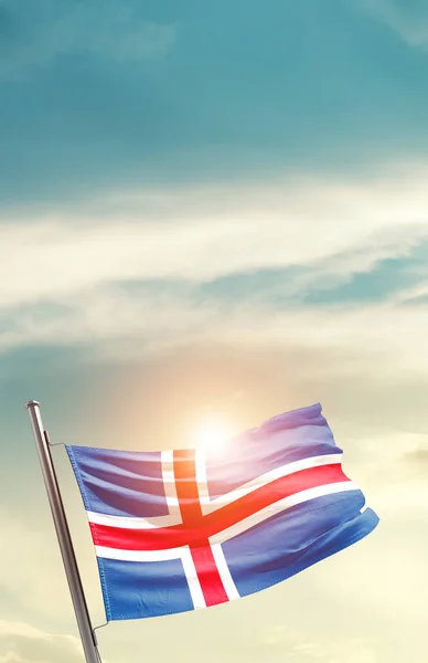 Iceland Waving Flag Beautiful Sky Sun — Stock Photo, Image