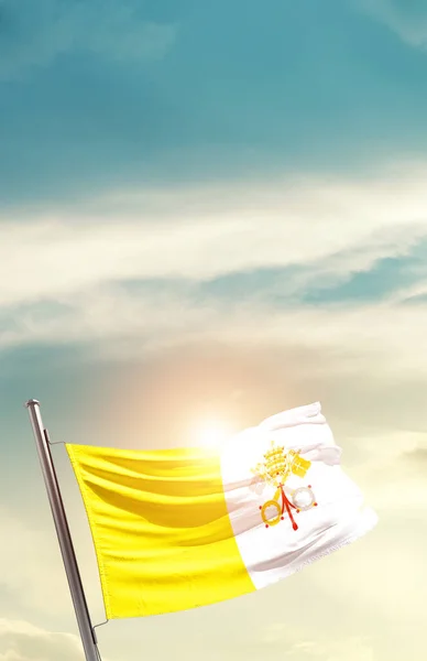 stock image Vatican City waving flag in beautiful sky with sun