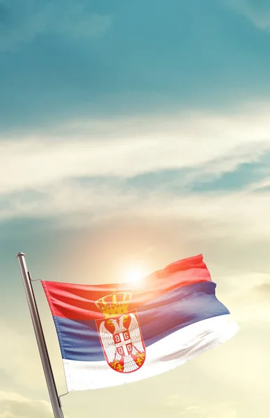 Serbia Waving Flag Beautiful Sky Sun — стокове фото