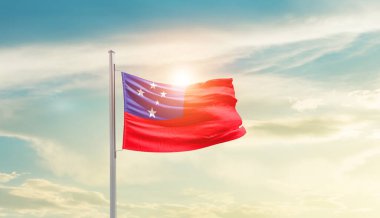 Samoa waving flag in beautiful sky with sun