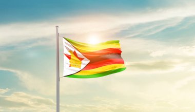 Zimbabwe waving flag in beautiful sky with sun