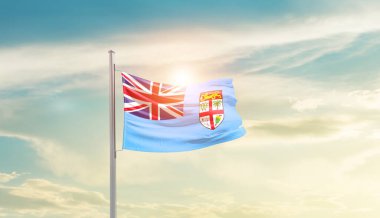 Fiji waving flag in beautiful sky with sun