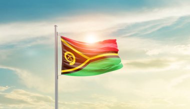 Vanuatu waving flag in beautiful sky with sun