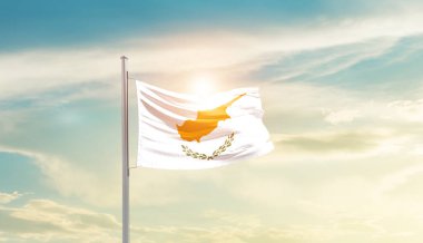 Cyprus waving flag in beautiful sky with sun