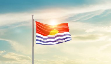 Kiribati waving flag in beautiful sky with sun