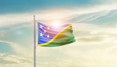 Solomon Islands waving flag in beautiful sky with sun