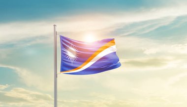 Marshall Islands waving flag in beautiful sky with sun