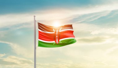 Kenya waving flag in beautiful sky with sun