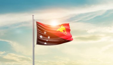 Papua New Guinea waving flag in beautiful sky with sun