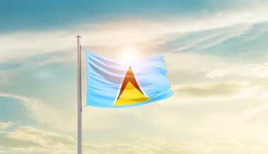 Saint Lucia waving flag in beautiful sky with sun