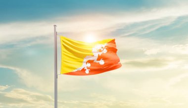 Bhutan güneşli güzel gökyüzünde bayrak sallıyor