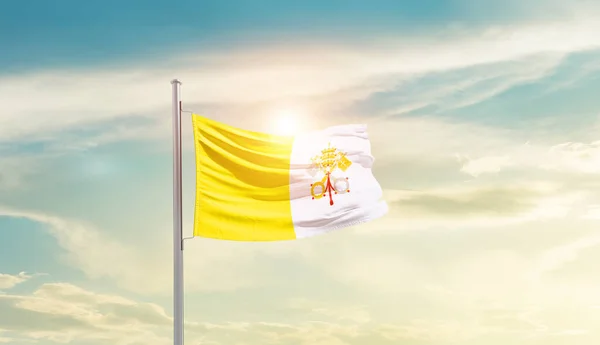 Vatican City Waving Flag Beautiful Sky Sun — Foto Stock