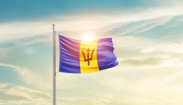Barbados Waving Flag Beautiful Sky Sun — Stok fotoğraf