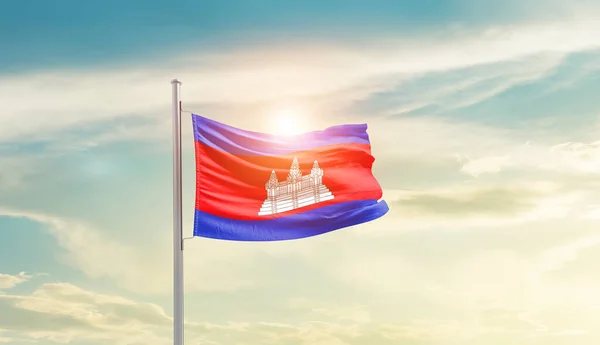 Cambodge Agitant Drapeau Dans Ciel Magnifique Avec Soleil — Photo