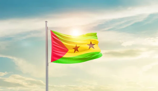 Sao Tome Principe Waving Flag Beautiful Sky Sun — Zdjęcie stockowe