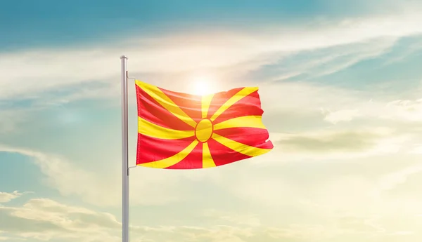 North Macedonia Waving Flag Beautiful Sky Sun — Foto de Stock