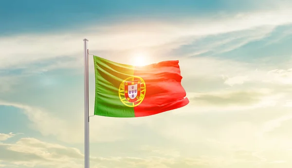 Portugal Waving Flag Beautiful Sky Sun — Stockfoto