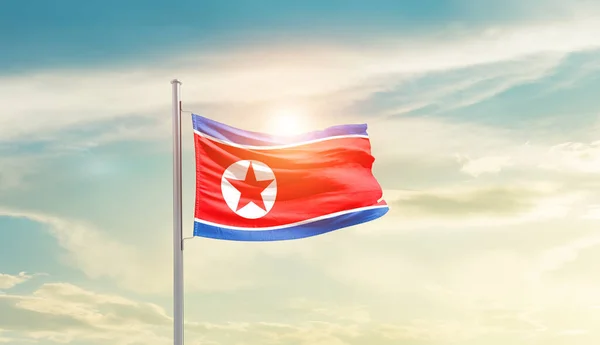 North Korea Waving Flag Beautiful Sky Sun — Zdjęcie stockowe