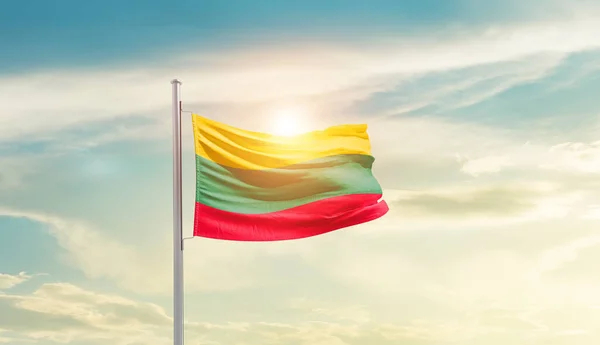 Lithuania Waving Flag Beautiful Sky Sun — Foto de Stock