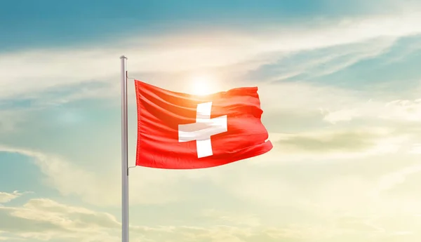 Switzerland Waving Flag Beautiful Sky Sun — Zdjęcie stockowe