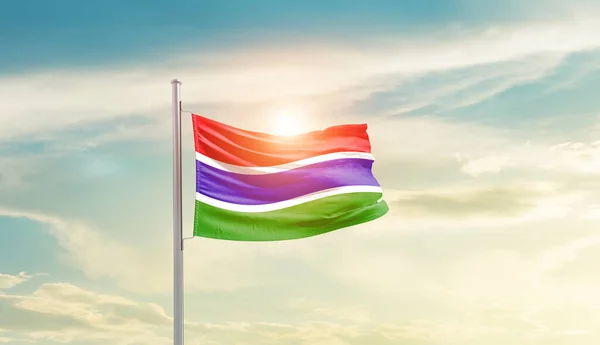 Gambia Waving Flag Beautiful Sky Sun — ストック写真