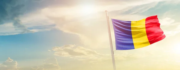 Romania Waving Flag Beautiful Sky Sun — Stock Photo, Image
