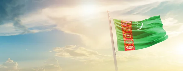 Turkmenistan Waving Flag Beautiful Sky Sun — Stock fotografie