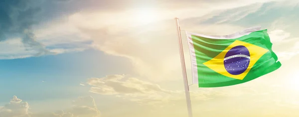 Brazil Waving Flag Beautiful Sky Sun — стоковое фото