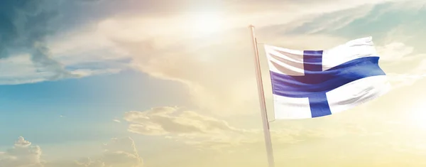 Finland Waving Flag Beautiful Sky Sun — Foto de Stock