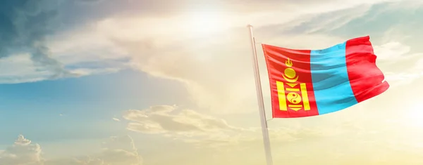 Mongolia Waving Flag Beautiful Sky Sun — Foto de Stock