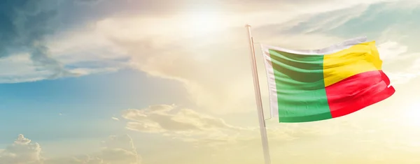 Benin Waving Flag Beautiful Sky Sun —  Fotos de Stock