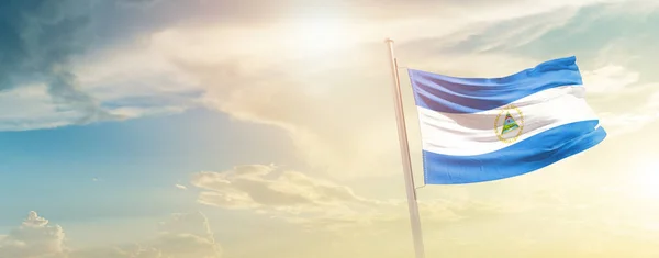 Nicaragua Waving Flag Beautiful Sky Sun — Stok fotoğraf