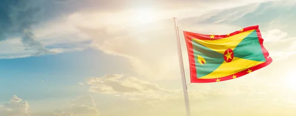 Grenada Waving Flag Beautiful Sky Sun — Zdjęcie stockowe