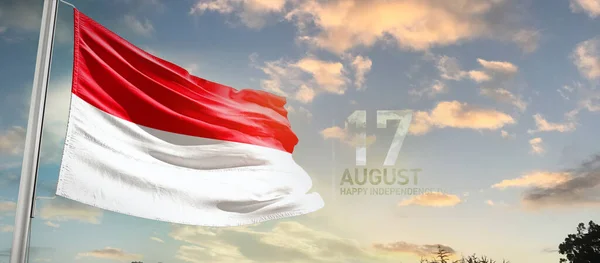 Indonesien Schwenkt Flagge Schönen Himmel Mit Wolken — Stockfoto
