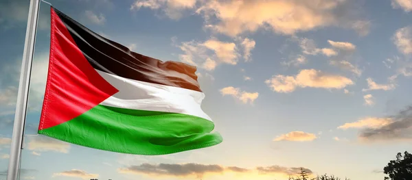 巴勒斯坦在美丽的天空中飘扬着国旗 乌云密布 — 图库照片