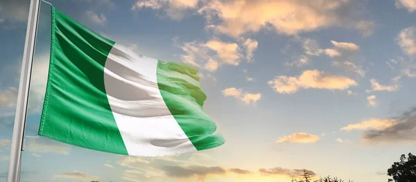 尼日利亚在多云的美丽天空中飘扬着国旗 — 图库照片