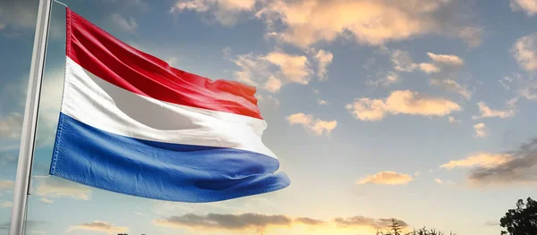 Netherlands Waving Flag Beautiful Sky Clouds — Stock Photo, Image