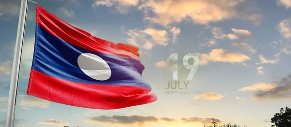 Laos Viftar Flagga Vacker Himmel Med Moln — Stockfoto