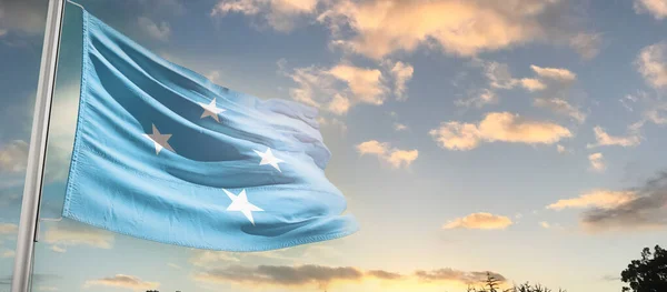 Micronesia Waving Flag Beautiful Sky Clouds — Stock Photo, Image