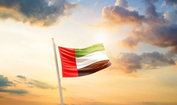 United Arab Emirates Waving Flag Beautiful Sky Clouds Sun — Stock Photo, Image