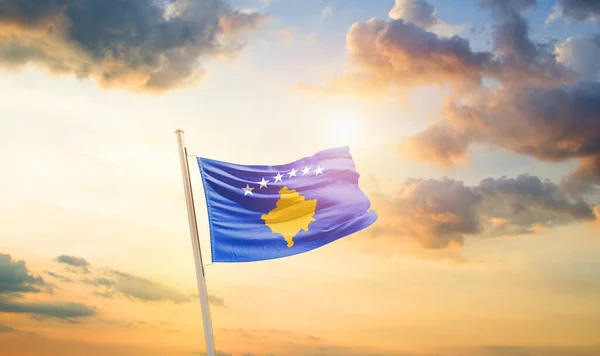 Kosovo Waving Flag Beautiful Sky Clouds Sun — Stock Photo, Image