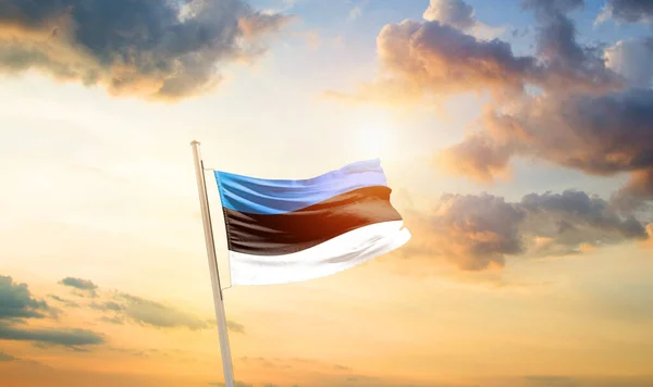 爱沙尼亚在美丽的天空中飘扬着国旗 乌云密布 阳光普照 — 图库照片