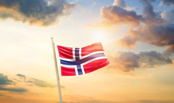 Norway Waving Flag Beautiful Sky Clouds Sun — Stock Photo, Image