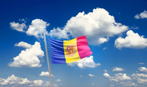Andorra Waving Flag Beautiful Sky Clouds — Stock Photo, Image